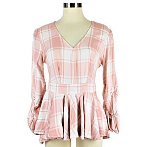 Top Pink Ruffle Buffalo Check Hi-Low Hem Peplum Waist Back Zip XS SOHO NY & CO